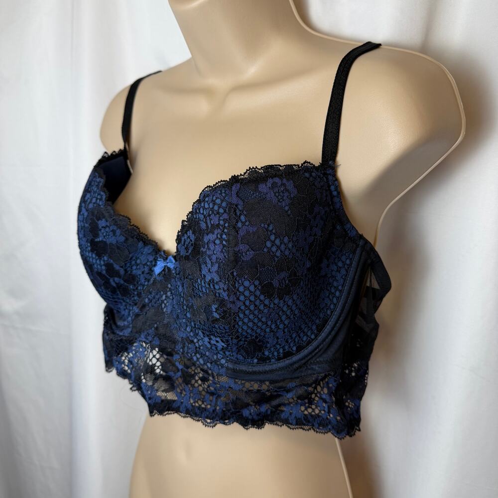 Adore Me Lace Longline Balconette Bra Navy Black Underwire Lingerie 38DD Sexy